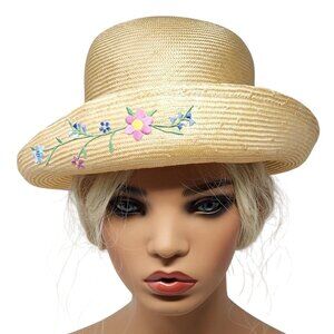 Vintage Kathy Jeanne Womens Straw Boater Hat Embroidered Floral Detail & Ribbon